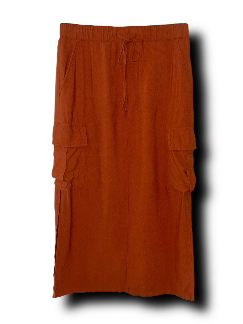 Sanctuary Burnt Orange Linen-Feel Utility Cargo Midi Skirt Fall Vibes